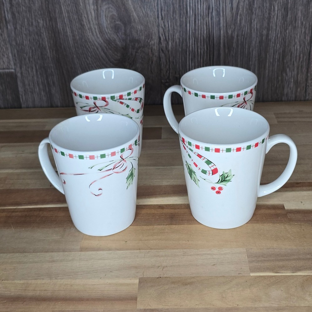 Gibson Everyday Holiday Ribbon Holly Coffee Mug Set 4in White Christmas 4pc Set